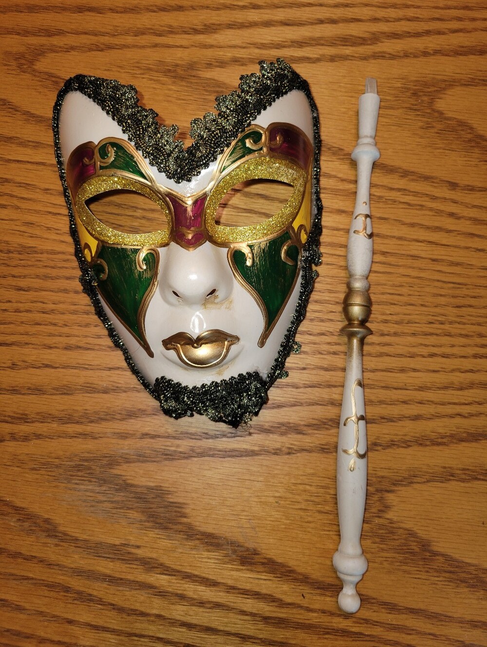Handheld Venetian-Style Decorative Mask in White, Gold & Green
